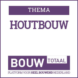 Poster announcing the theme 'Houtbouw' with 'Thema' label and the BouwTotaal logo, plus the tagline 'Platform voor heel bouwen Nederland'.