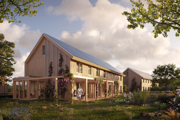 Natuurhuis met aan één zijde een groen dak en deels een groene gevel.
