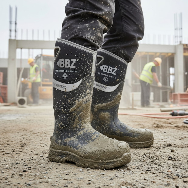 Modderige veiligheidslaarzen gedragen op bouwplaats met werkenden op de achtergrond