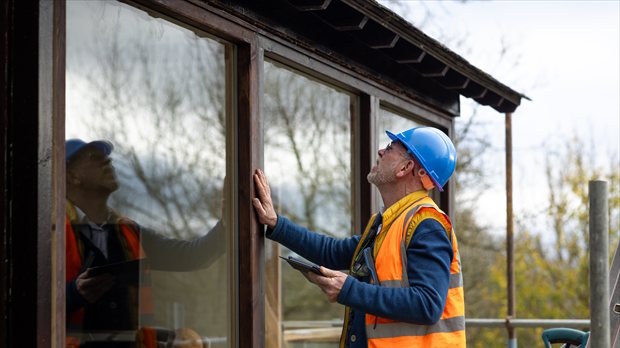 Inspectie van kozijnen tijdens een duurzame renovatie waarbij werkzaamheden digitaal worden vastgelegd.