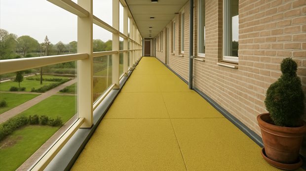 Galerij met gele waterdoorlatende smeervloer voor veilige en droge buitenruimte
