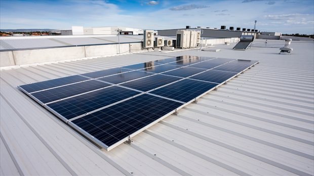 Zonnepanelen op bedrijfsdak als onderdeel van duurzame bouwmaterialen en leverbaarheid