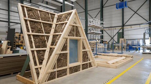 Wood-framed A-frame wall building under construction in a factory, with insulation and a small window set into the wall surface as part of a workshop project.