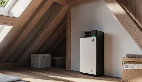 Home energy storage battery unit standing upright in an attic with exposed wooden beams and skylight windows, against a wall with boxes nearby.